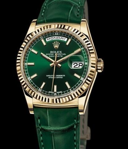 Rolex Watches Oyster Perpetual Day-Date 118138 Yellow Gold - Green Dial - Alligator Strap